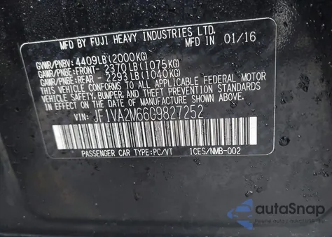 2016 Subaru Wrx Sti z USA, uszkodzony, nr VIN JF1VA2M66G9827252